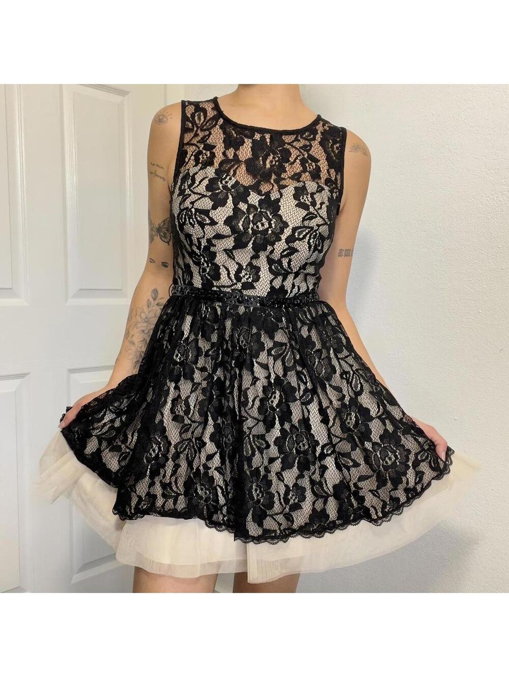 Black Lace Tulle Mini Dress